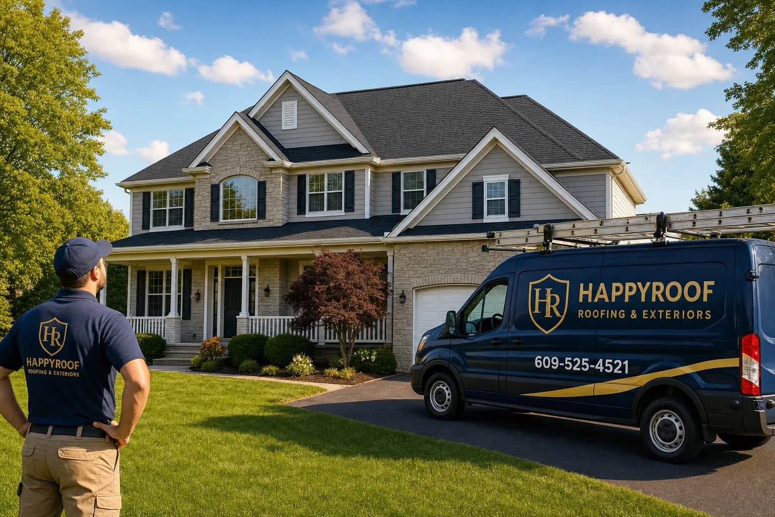 Newly replaced architectural shingle roof on a home in Atlantic County, NJ with a HappyRoof van in the driveway